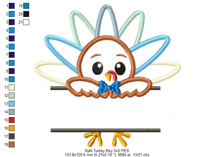 Split Thanksgiving Turkey Boy - Applique Embroidery