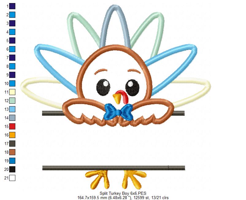 Split Thanksgiving Turkey Boy - Applique Embroidery
