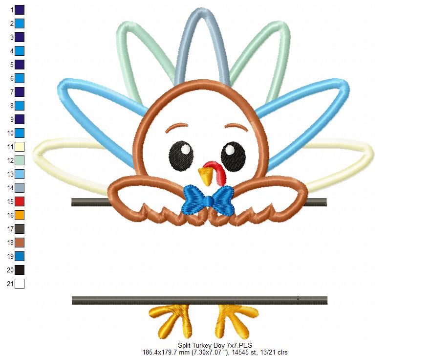 Split Thanksgiving Turkey Boy - Applique Embroidery