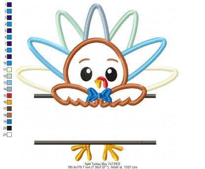 Split Thanksgiving Turkey Boy - Applique Embroidery