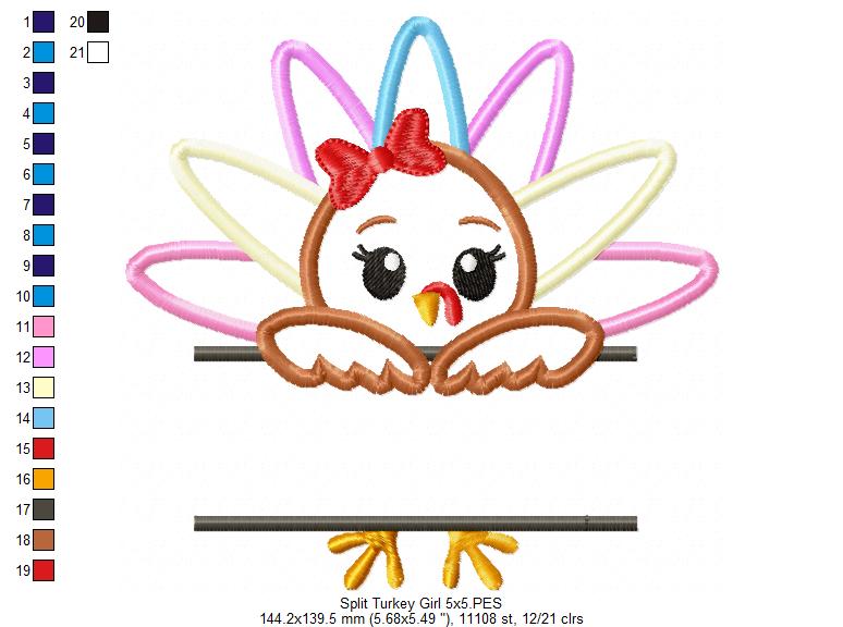 Split Thanksgiving Turkey Girl - Applique Embroidery