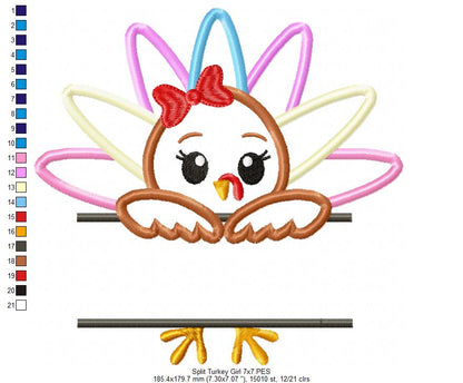 Split Thanksgiving Turkey Girl - Applique Embroidery