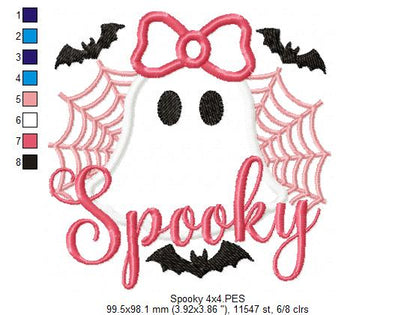 🎀 Girly Ghost with Bow & Webs 🕸️👻 – Appliqué – Machine Embroidery Design