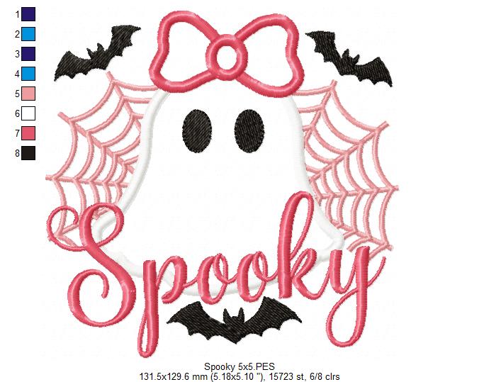 🎀 Girly Ghost with Bow & Webs 🕸️👻 – Appliqué – Machine Embroidery Design