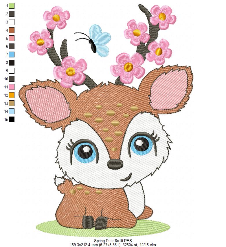 Beautiful Spring Deer - Rippled Machine Embroidery Design