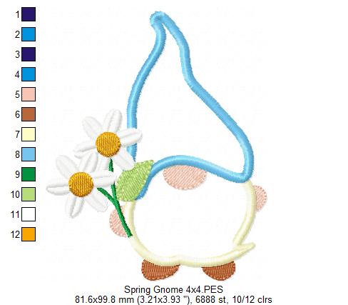 🌼 Spring Gnome with Daisies – Applique - Machine Embroidery Design