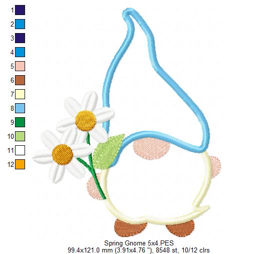 🌼 Spring Gnome with Daisies – Applique - Machine Embroidery Design