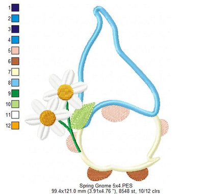 🌼 Spring Gnome with Daisies – Applique - Machine Embroidery Design