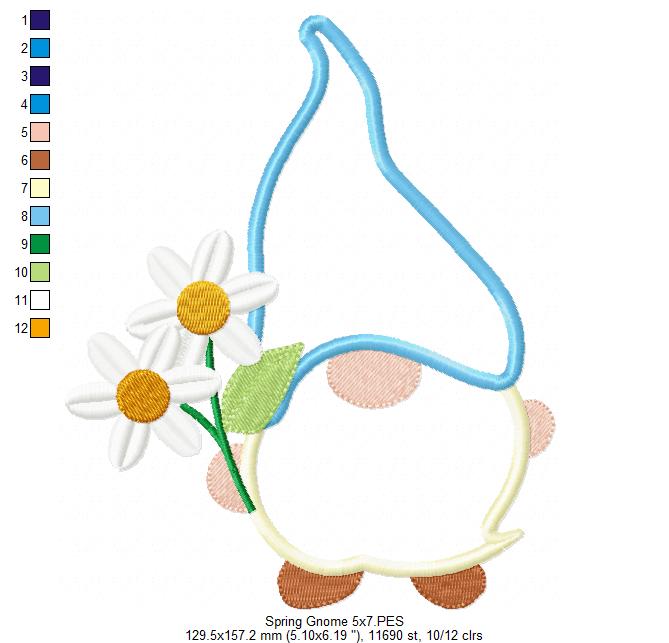 🌼 Spring Gnome with Daisies – Applique - Machine Embroidery Design