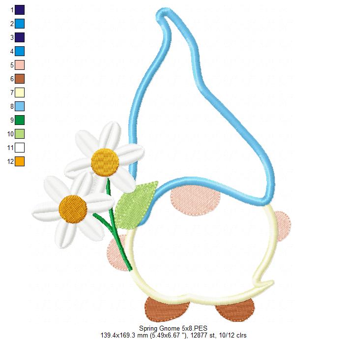 🌼 Spring Gnome with Daisies – Applique - Machine Embroidery Design