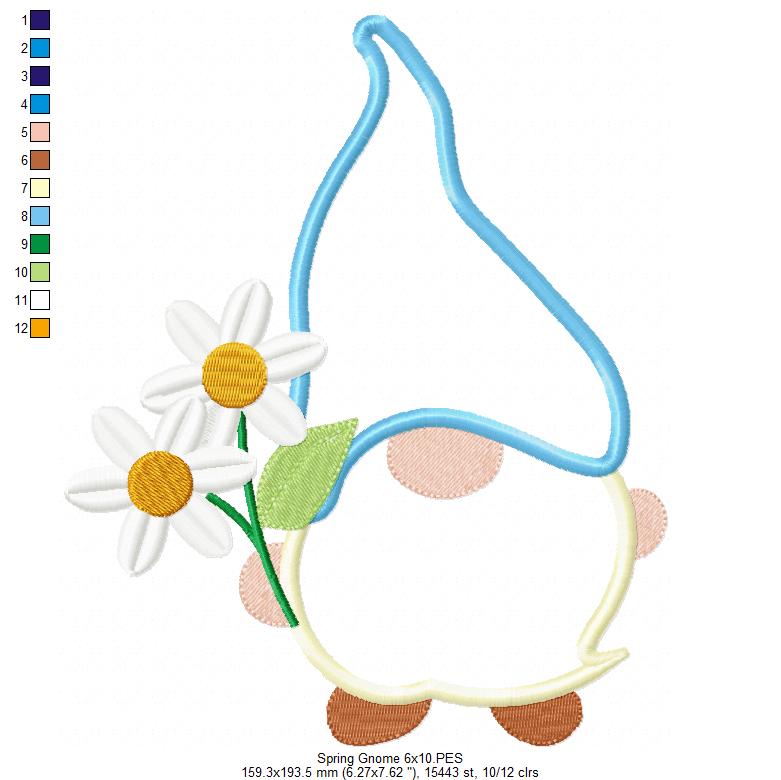 🌼 Spring Gnome with Daisies – Applique - Machine Embroidery Design