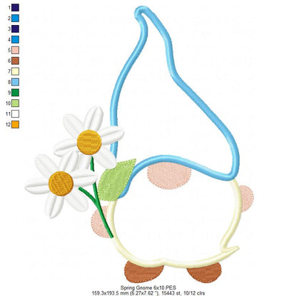 🌼 Spring Gnome with Daisies – Applique - Machine Embroidery Design