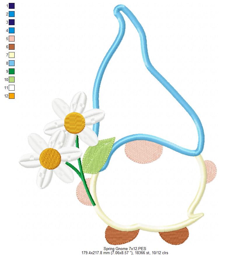 🌼 Spring Gnome with Daisies – Applique - Machine Embroidery Design