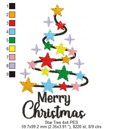 Merry Christmas Star Tree - Fill Stitch - Machine Embroidery Design