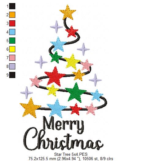 Merry Christmas Star Tree - Fill Stitch - Machine Embroidery Design