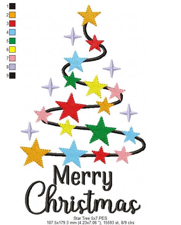 Merry Christmas Star Tree - Fill Stitch - Machine Embroidery Design