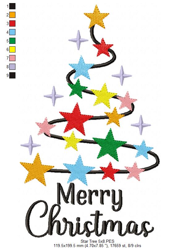 Merry Christmas Star Tree - Fill Stitch - Machine Embroidery Design