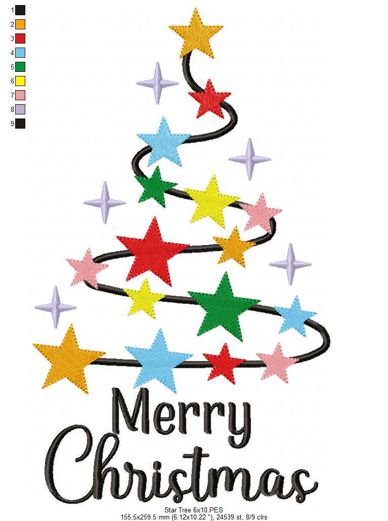 Merry Christmas Star Tree - Fill Stitch - Machine Embroidery Design