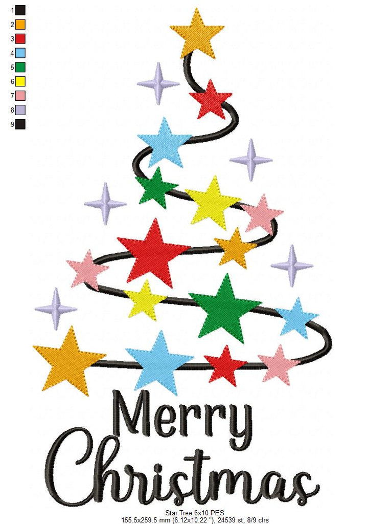 Merry Christmas Star Tree - Fill Stitch - Machine Embroidery Design