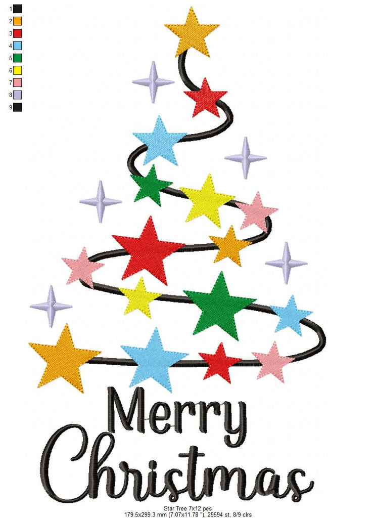 Merry Christmas Star Tree - Fill Stitch - Machine Embroidery Design