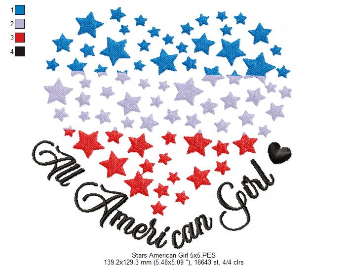 Stars All American Girl 4th of July - Fill Stitch - Machine Embroidery Design