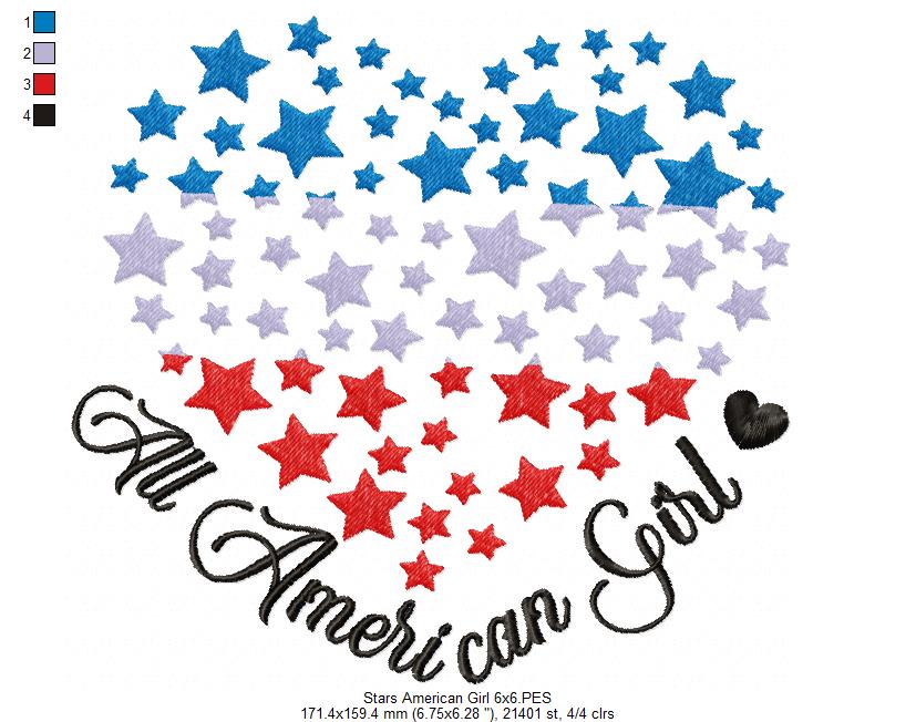 Stars All American Girl 4th of July - Fill Stitch - Machine Embroidery Design