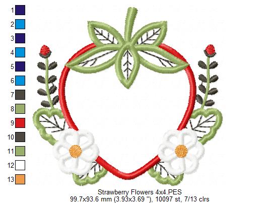 Strawberry and Flowers - Applique - Machine Embroidery Design