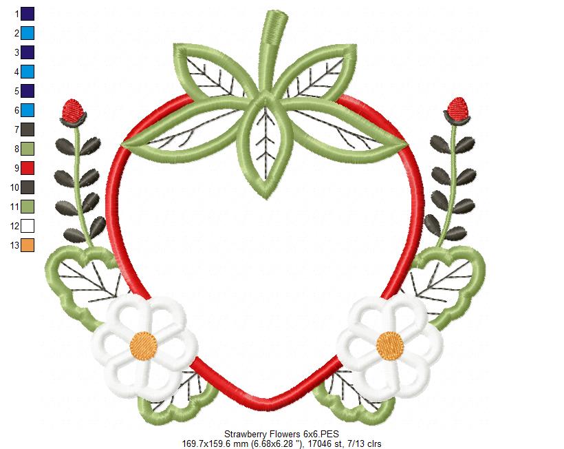 Strawberry and Flowers - Applique - Machine Embroidery Design
