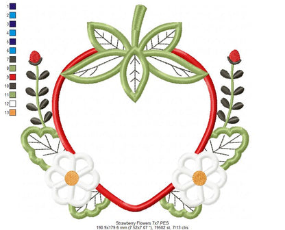 Strawberry and Flowers - Applique - Machine Embroidery Design