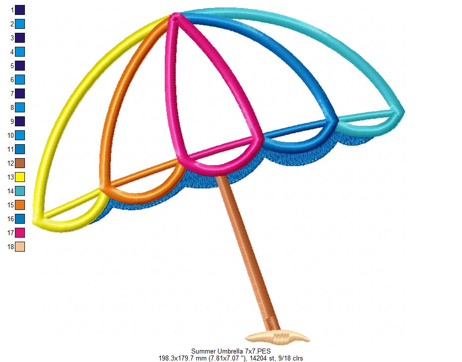 Summer Beach Umbrella - Applique - Machine Embroidery Design