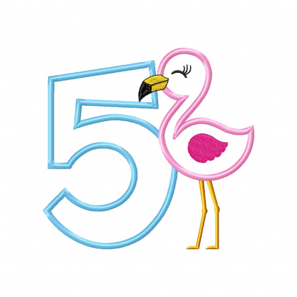 Summer Flamingo Number 5 Five 5th Birthday - Applique - Machine Embroidery Design