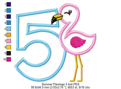 Summer Flamingo Number 5 Five 5th Birthday - Applique - Machine Embroidery Design