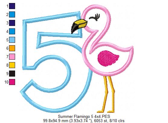 Summer Flamingo Number 5 Five 5th Birthday - Applique - Machine Embroidery Design