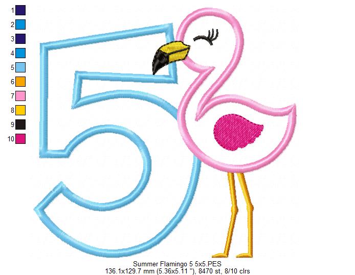 Summer Flamingo Number 5 Five 5th Birthday - Applique - Machine Embroidery Design