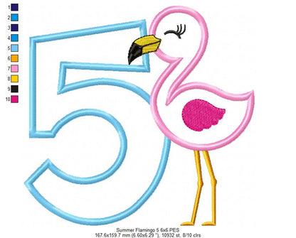 Summer Flamingo Number 5 Five 5th Birthday - Applique - Machine Embroidery Design