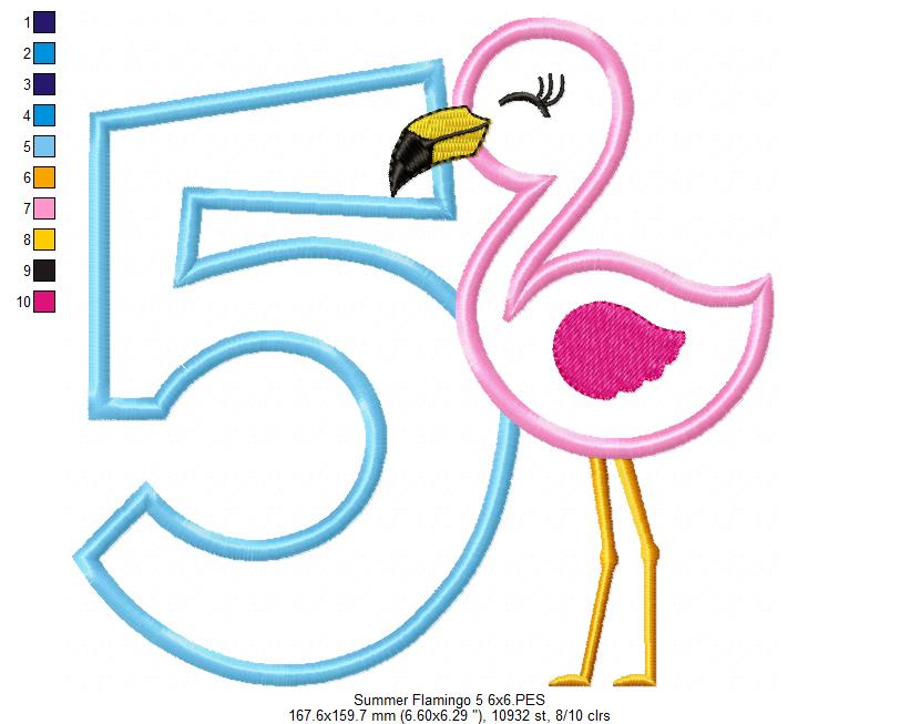 Summer Flamingo Number 5 Five 5th Birthday - Applique - Machine Embroidery Design