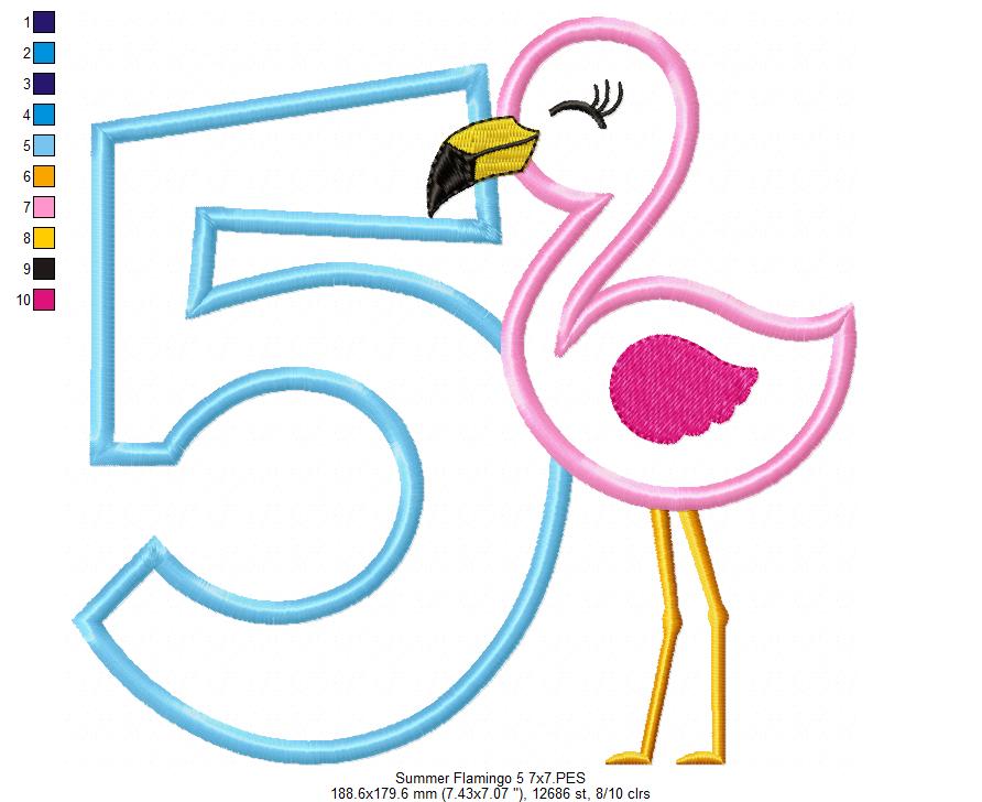 Summer Flamingo Number 5 Five 5th Birthday - Applique - Machine Embroidery Design