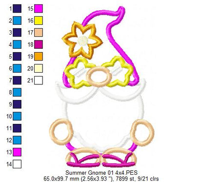 Summer Gnome with Star Sunglasses - Applique - Machine Embroidery Design