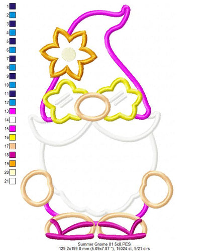 Summer Gnome with Star Sunglasses - Applique - Machine Embroidery Design