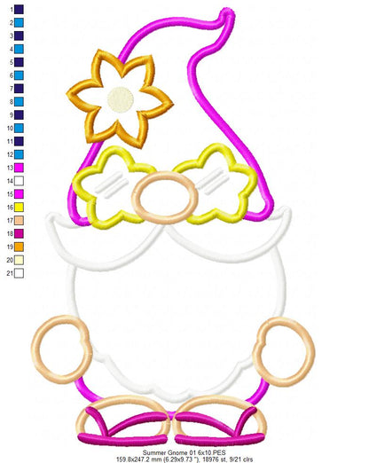 Summer Gnome with Star Sunglasses - Applique - Machine Embroidery Design