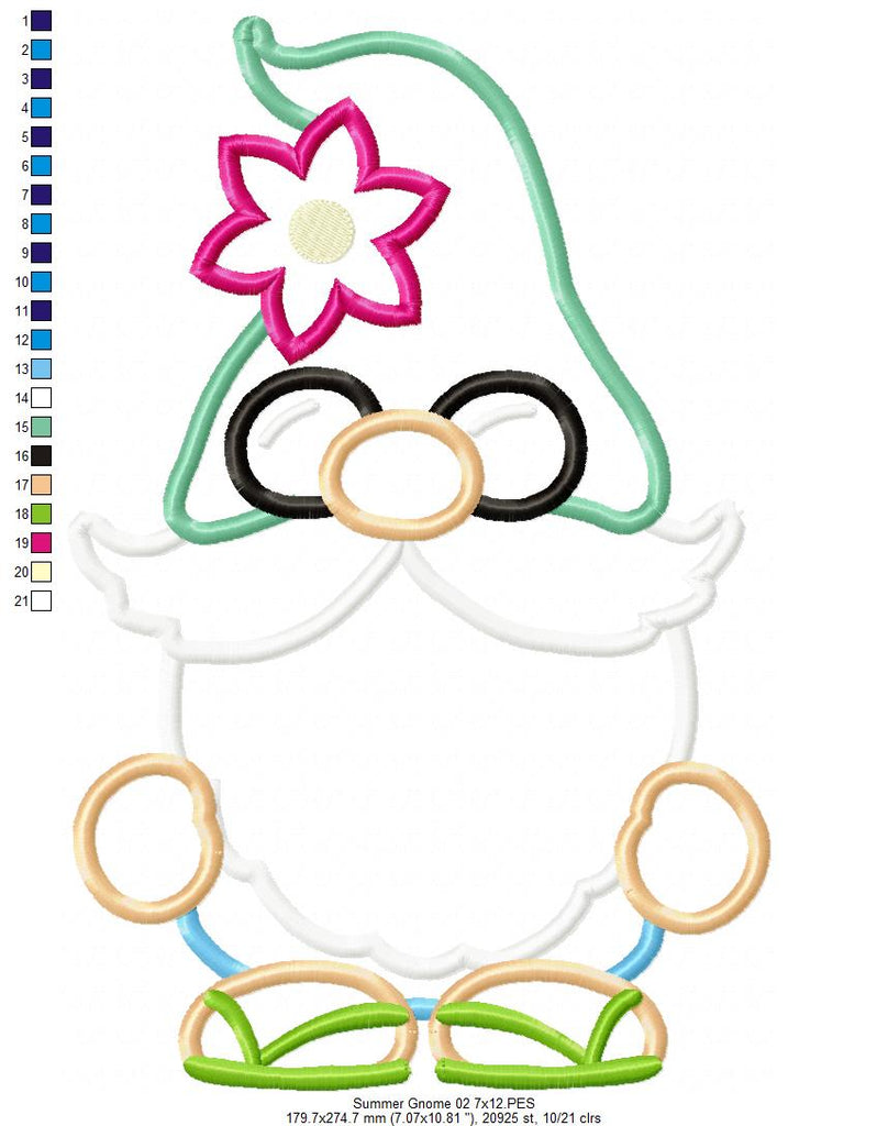 Summer Gnome with Sunglasses - Applique - Machine Embroidery Design