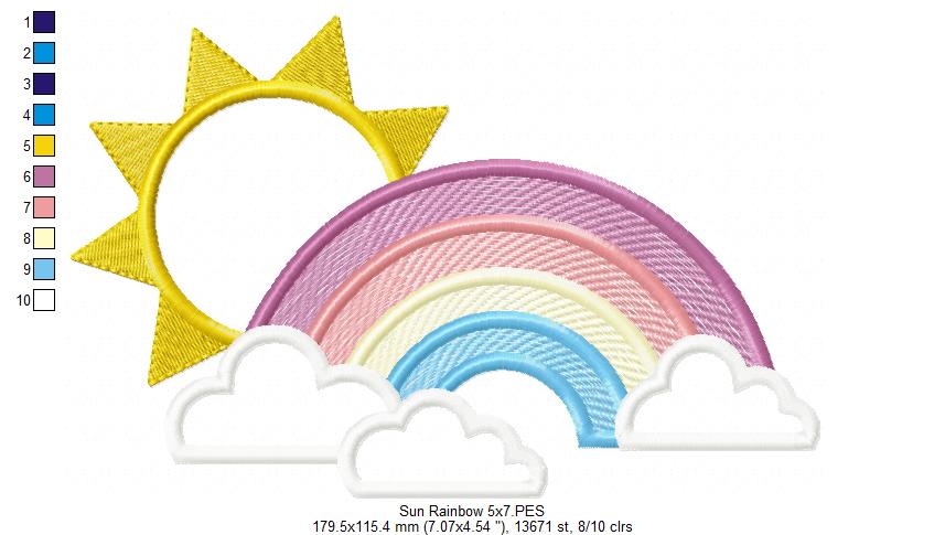Sun, Rainbow and Clouds - Applique - Machine Embroidery Design