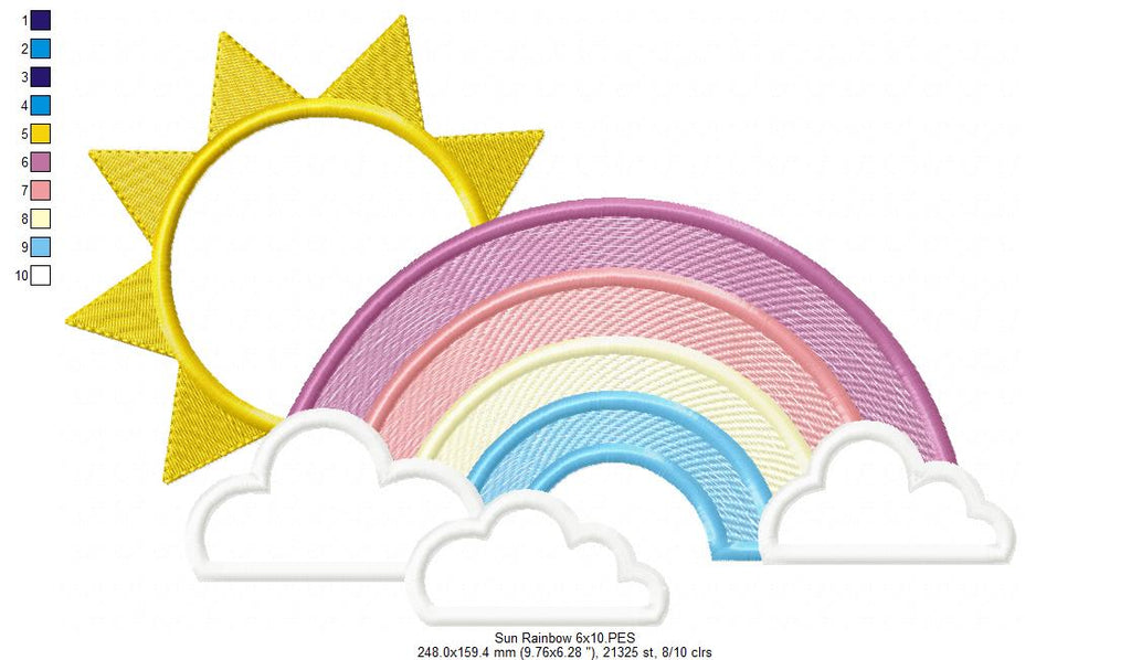 Sun, rainbow and Clouds - Applique - Machine Embroidery Design