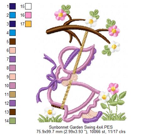 Sunbonnet Sue in the Garden Swing - Applique - Machine Embroidery Design