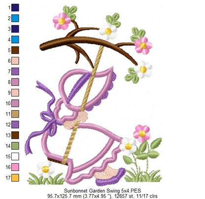 Sunbonnet Sue in the Garden Swing - Applique - Machine Embroidery Design