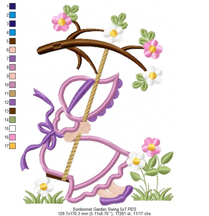 Sunbonnet Sue in the Garden Swing - Applique - Machine Embroidery Design