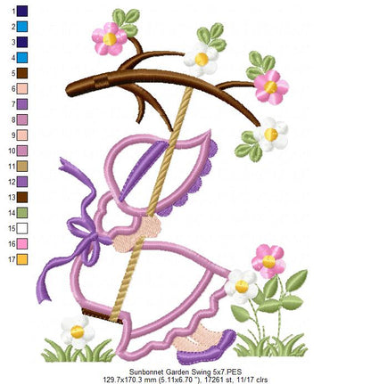 Sunbonnet Sue in the Garden Swing - Applique - Machine Embroidery Design