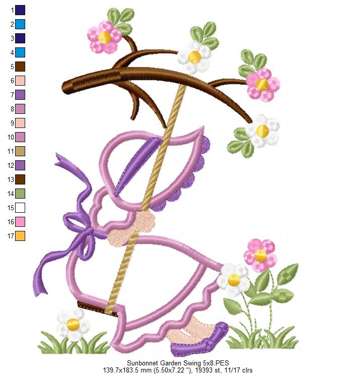 Sunbonnet Sue in the Garden Swing - Applique - Machine Embroidery Design
