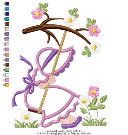 Sunbonnet Sue in the Garden Swing - Applique - Machine Embroidery Design