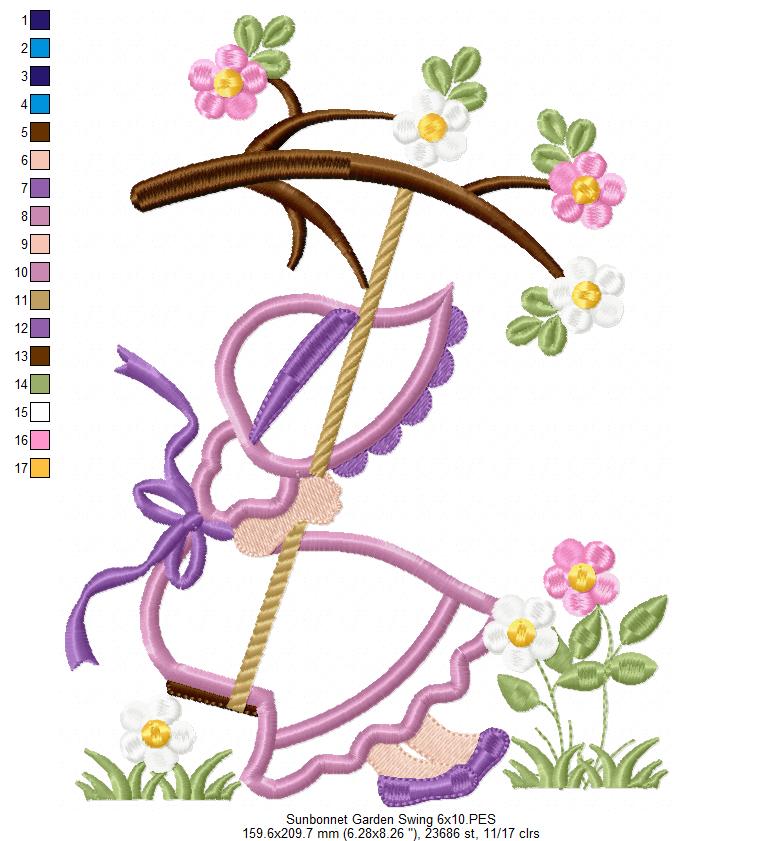 Sunbonnet Sue in the Garden Swing - Applique - Machine Embroidery Design
